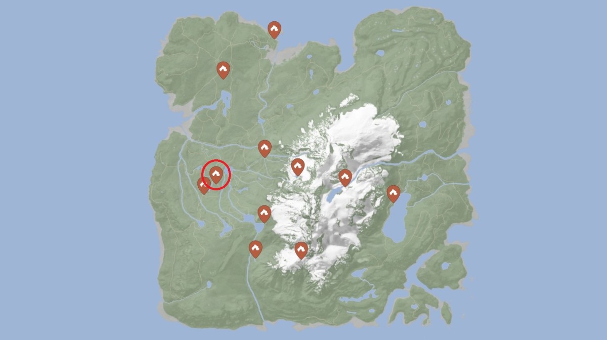 Sons of the Forest map with the cave for the rope gun circled